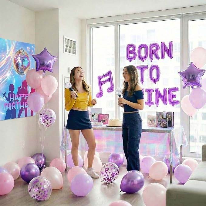 Purple pink Balloon Arch Garland Kit with backdrop Tablecloth Musical symbols Star “born to shine” letter mylar balloons for kpop music Birthday Decorations Y2K Movies fans Prom Party Supplies