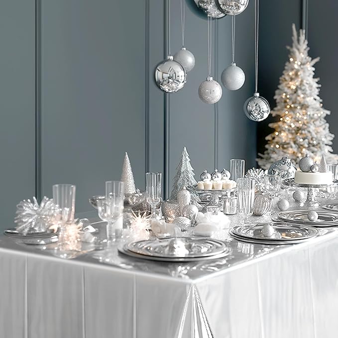 2Pcs SilverFoil Metallic Tablecloth Shiny Party Table Cloth 54" X 108" Disposable Rectangle Decoration for Thanksgiving Christmas Graduation Birthday Pary