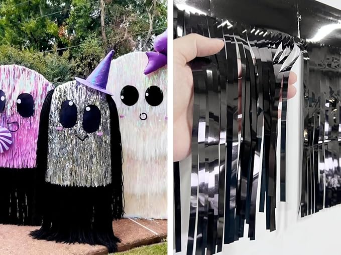 3 Pack Black Total 30 Feet Foil Fringe Garland Metallic Tinsel Banner Wall Hanging Drapes Parade Float Skirting Decorations for Trailer Mardi Gras Party Birthday Wedding Baby Shower (Black)