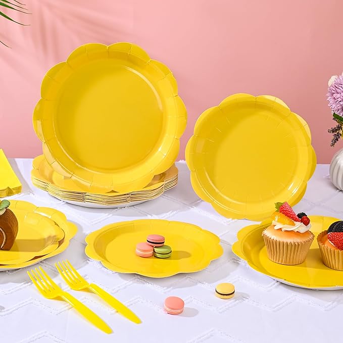 96 Pcs Yellow Paper Plates and Napkins Set Party Supplies, Tableware set for 24 Guest include Disposable Yellow Scalloped Plates, Napkins and Forks for Baby Shower Picnic Wedding Easter