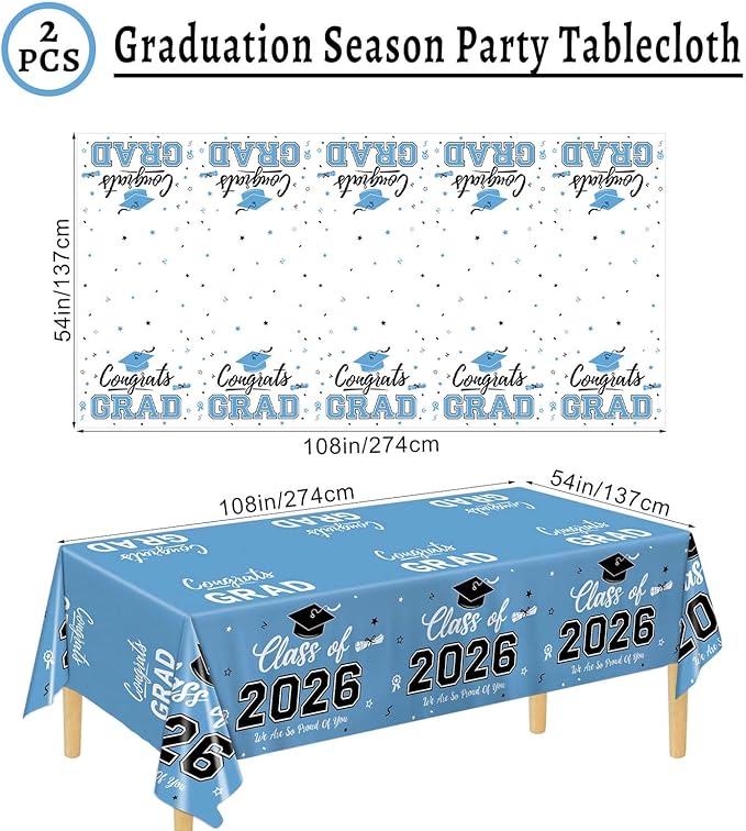 Oigco 2026 Graduation Decorations, 2 Pack Sky Blue Graduation Tablecloths Class of 2026, Congrats Grad Plastic Tablecloths for Graduation Party Decorations, 54 x 108 Inch