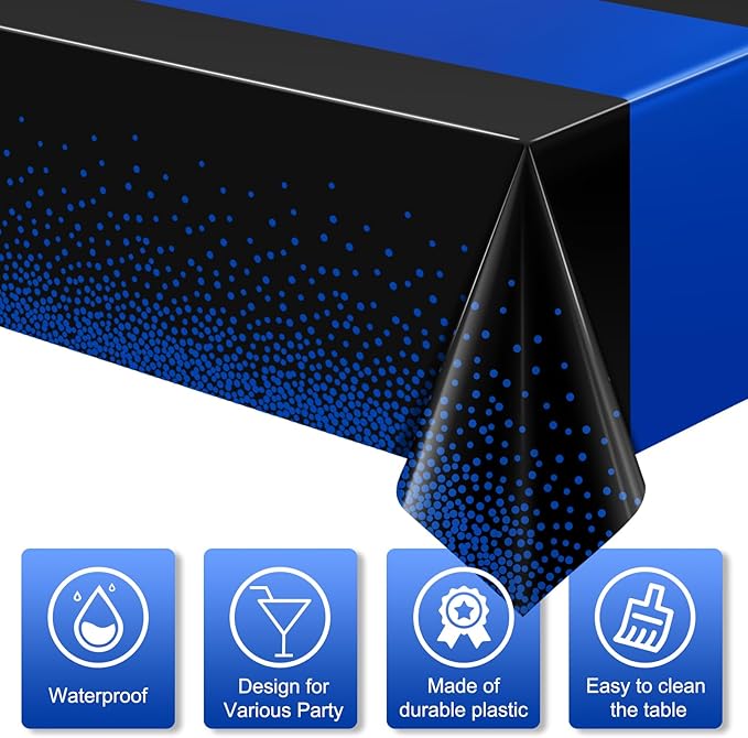 MASHAN 12Pcs Black and Blue Tablecloth Party Decorations,Plastic Black Table Cloth Printed Blue Runner Disposable Rectangle Table Cover for Birthday Wedding Anniversary Graduation Party,54 x108 Inch