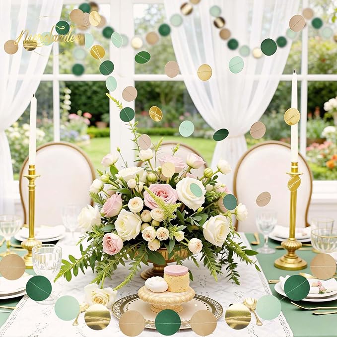 NICROLANDEE Wedding Party Decorations - 3 Pack Sage Green Dots Paper Garland String Hanging Backdrop for St Patricks Day Rustic Wedding, Neutral Baby Shower, Vintage Party, Birthday, Engagement