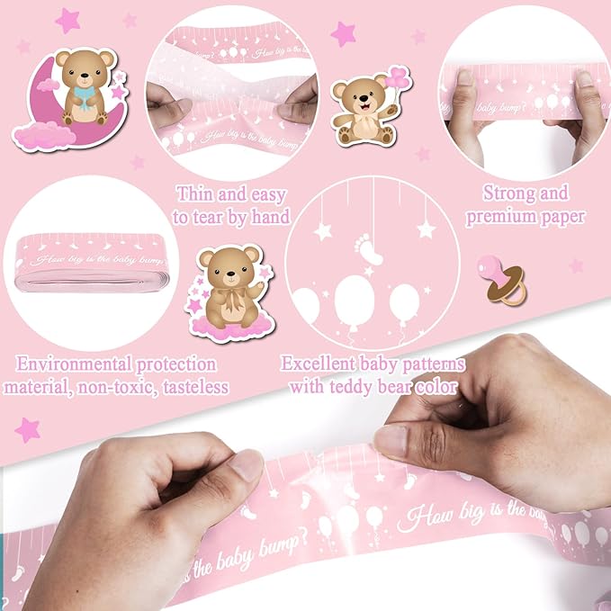Baby Shower Games for Gender Neutral How Big is Mommys Belly Tape 150 feet Measure Baby Bump Tape Measuring Tape Pregnant Belly Bear Baby Shower Tummy Measuring Tape Party Favors Supplies Pink