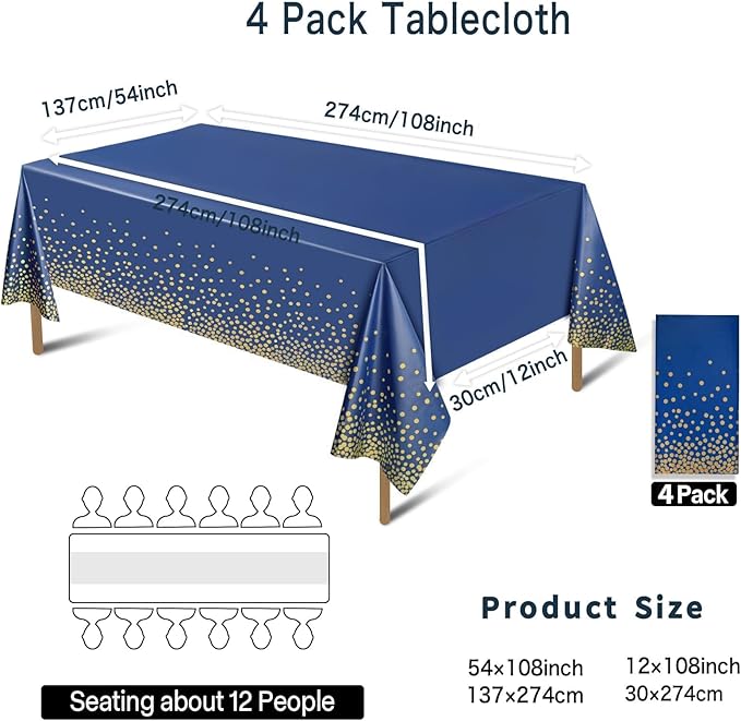 4 Pieces Navy Blue Rectangular Tablecloths Plastic，Plastic Table Cloth Disposable Blue and Gold, for Covers Anniversary, Wedding, Fine Dining, Graduation Party Decoration,