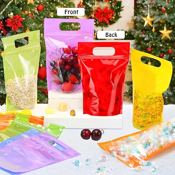 120 Pcs Plastic Gift Bag Bulk 5.5 x 8.7 Inch Resealable Party Goodie Bag with Clear Window Color Favor Pouch with Handle for Home Birthday Wedding Party Candy Gift Wrap Supply(Clear)