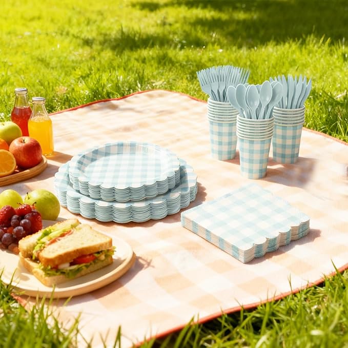 175 PCS Blue Gingham Party Supplies Includes Light Blue Gingham Paper Plates, Cups, Napkins, Cutlery for Wedding Bridal Shower Birthday Baby Shower Party Decorations, Serves 25
