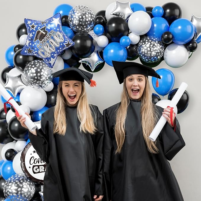 Graduation Balloon Arch Kit, 2025 Blue Black Party Decorations, Graduation Balloon Garland Party Decorations with Congrats Grad Hat Star Balloons for 2025 Grad Prom Supplies