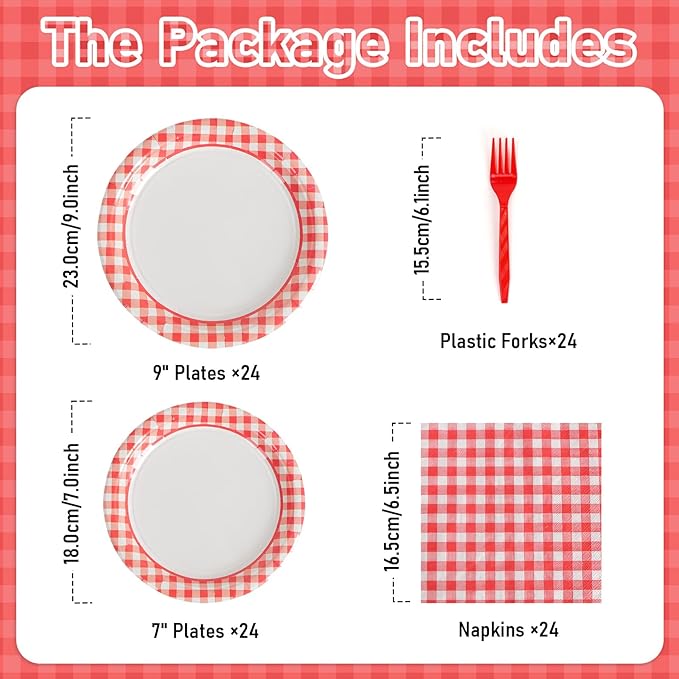 168PCS Party Plates, Scalloped Gingham Paper Plates and Cups and Napkins Sets Party Supplies for Birthday Wedding Bridal Shower Baby Shower Picnic, Serve for 24 Guests (Red Gingham)