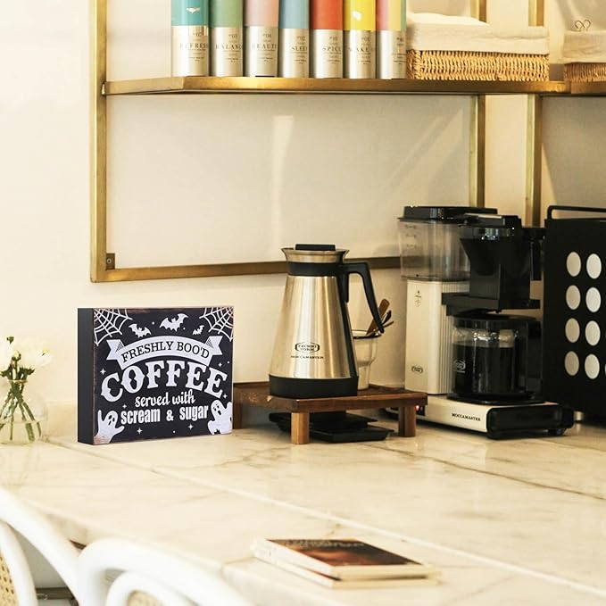 Esur Freshly Booed Coffee Wooden Box Sign, Fall Halloween Ghost Decorations Indoor for Home Office Kitchen Coffee Bar Decor