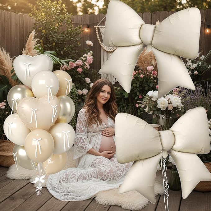 Cream and Apricot Heart Balloons, 38 Inch Bow Balloons, 16PC Champagne Gold Beige Sand White Balloon Helium with Bow Ribbons for Neutral Birthday Wedding Bridal Baby Shower Valentines Day Decorations