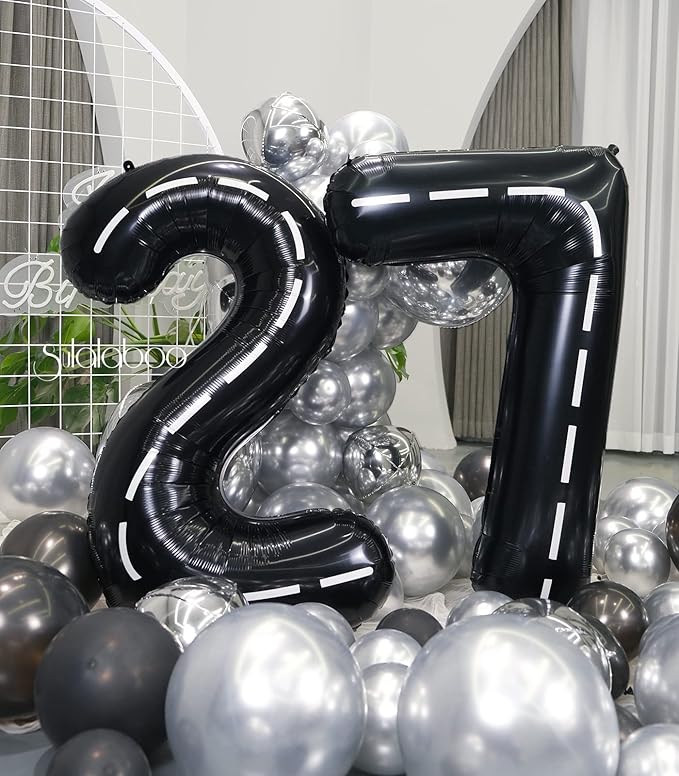 Race Car 40Inch Black 27 Balloon Number Large Helium Race Track 0-9 Giant Digital 27th Foil Mylar Big Party Number Balloons for Boy Birthday Car Theme Party Anniversary Graduation Decorations