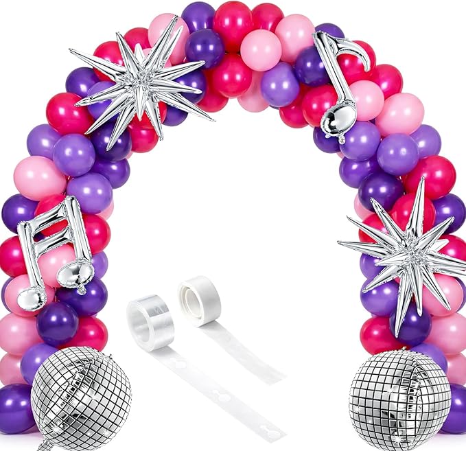Sumind 144 Pcs K pop Party Decorations with Pink Purple Metallic Music Balloon Garland Arch Kit, K Pop Music Themed Birthday Decoration for Fans Themed Birthday Concert Stage Backdrop Party Decor