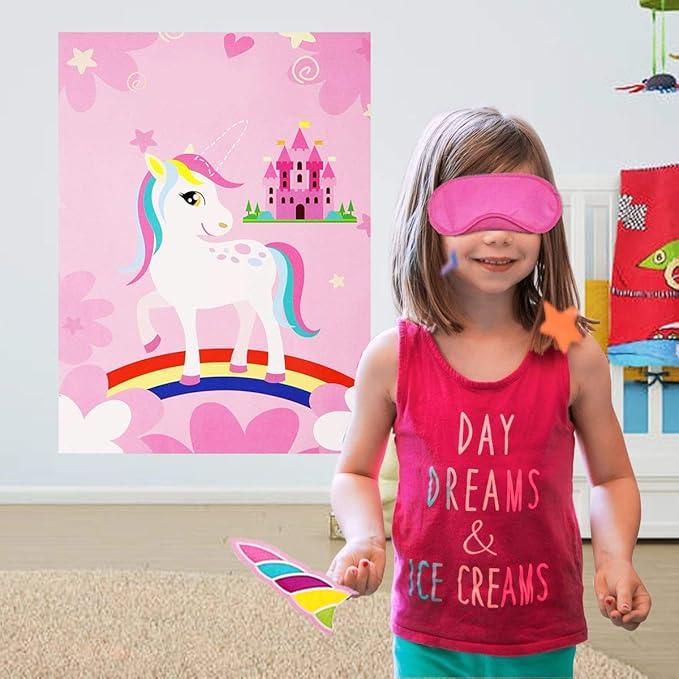 Pin The Horn on The Unicorn Game -Unicorn Party Game for Girls with 21'' x 28'' Poster, Reusable Horn Stickers Party Supplies for Kids Girls Birthday Party Favor Sets