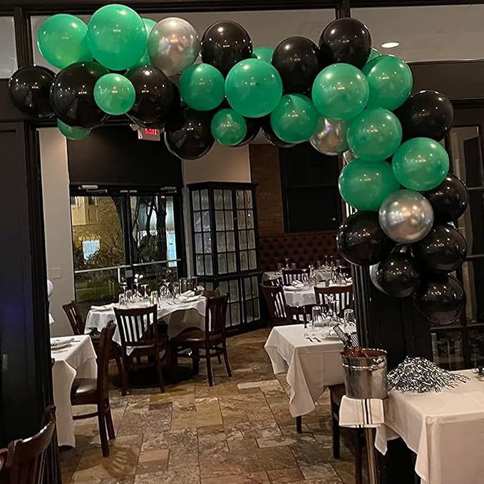 Green and Silver Balloon Garland, 100 Pcs Metallic Silver and Dark Green Balloon Arch Kit, Metallic and Latex Balloons Different Sizes for Graduation Jungle Safari Themed Party Decorations