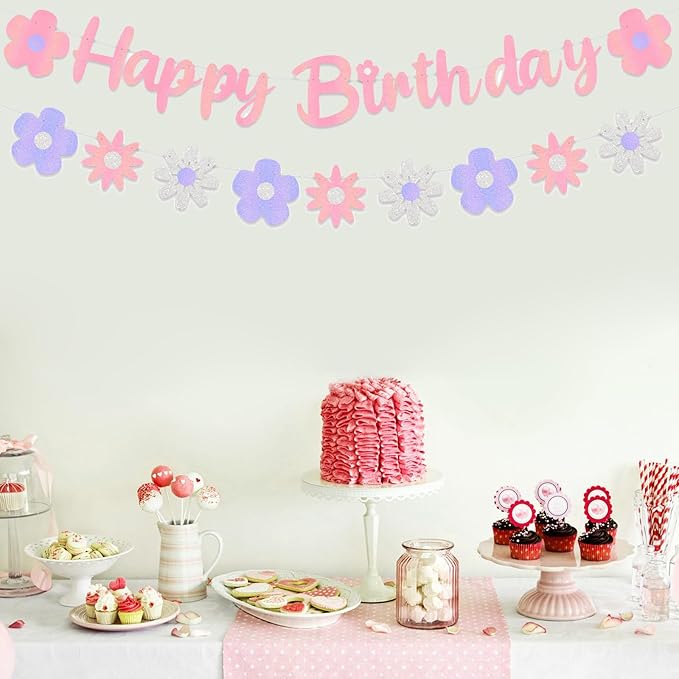 Zwiebeco Pink Floral Happy Birthday Banner Bunting Garland Hanging Paper Party Decoration Supplies for Spring Summer Wildflower Boys Girls Kids Baby Shower Bday Decor Accessories Supplies