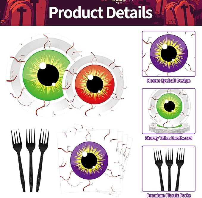 100 Pcs Spooky Halloween Eyeball Party Supplies Set - Serves 25, Scary Disposable Tableware, Includes Paper Plates, Napkins, Forks for Halloween Decorations, Trick or Treat Eyeballs Party Favors