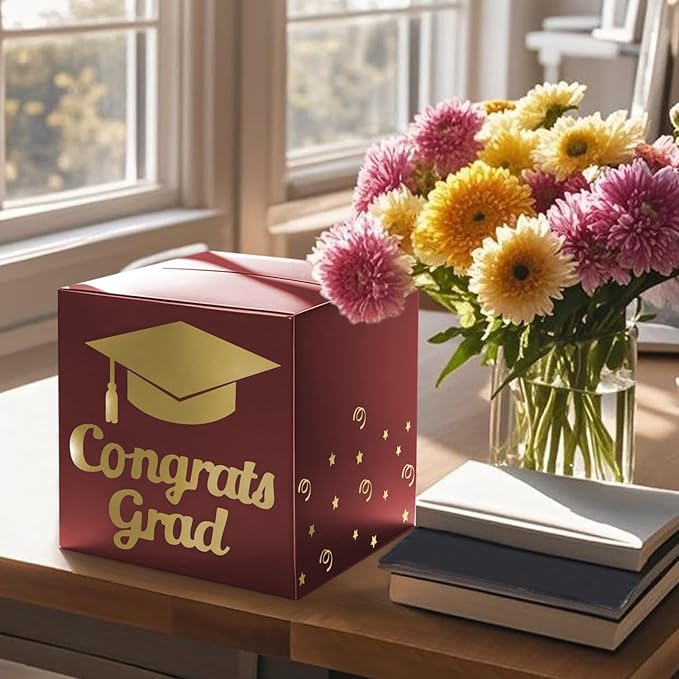 Graduation Card Box Holder, Congrats Grad Foldable Cardboard Decorations Box for Graduation Party Decoration and Grad Parties (Maroon)