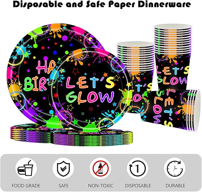 194 Pcs Neon Glow in the Dark Party Supplies Decorations Serve 24, Includes Plates, Napkins, Tablecloth, Banner, Ideal for Neon Themed Birthday Party