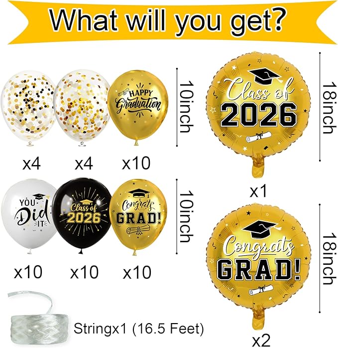 Black and Gold Graduation Balloons Graduation Decorations 2026, 51Pcs Grad Latex Balloons and Grad Foil Balloon with Confetti Ribbons Grad Party Decorations for College High School
