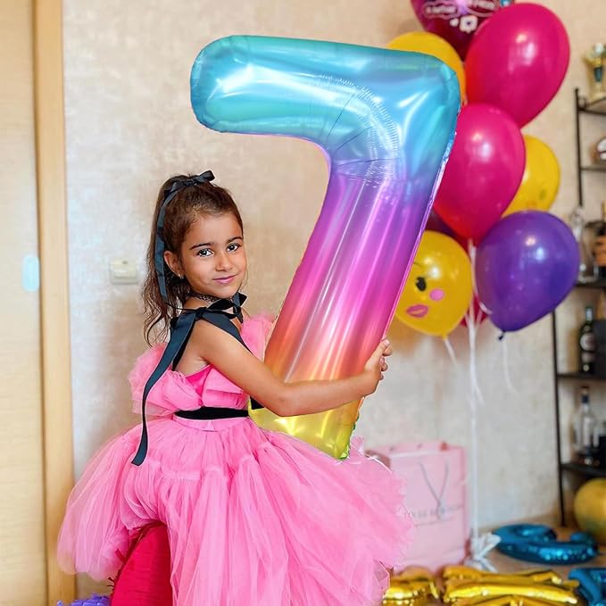 40 Inch Rainbow Number Balloon 7, Large Number Foil Balloons Mylar for Girl Boy Birthday Party Celebration Decorations Supplies, Digital Balloons for Wedding Anniversary Events Decorations