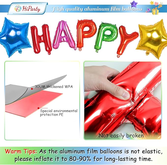 Rainbow Birthday Balloons Banner, 3D Mylar Foil Happy Birthday Balloons, 26pcs Birthday Party Decorations with 8pcs Star Balloons for Kids Girls Boys Women Adults Birthday Party Supplies