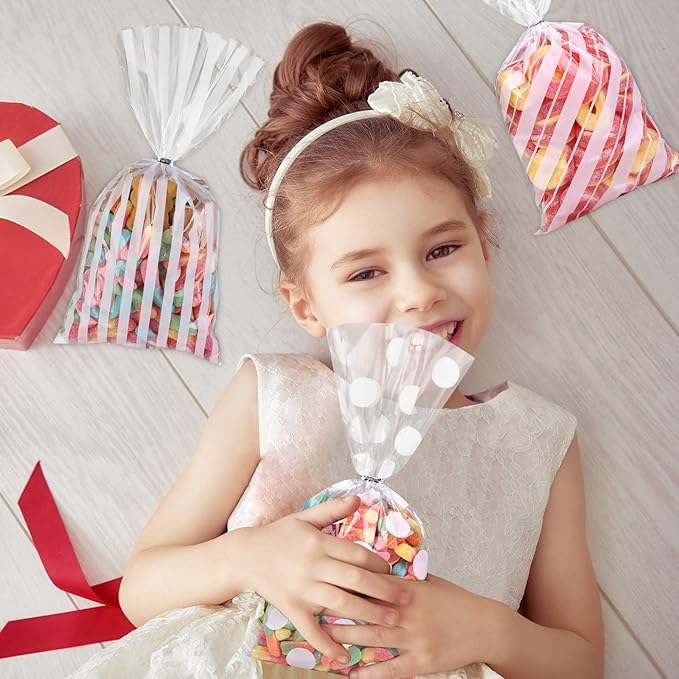 Aneco 100 Pack White Cellophane Plastic 10.6 x 5.1 Inch Candy Gift Goodie with Twist Ties for Valentine, Birthday, Gift Cookie Snack Packing Party Favor Supplies