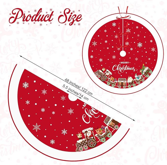 48 Inch Christmas Tree Skirt Double Layer Large Snowflake Xmas Tree Mat Decor for Winter Holiday Party Indoor Outdoor Christmas Decorations(Red,Train)