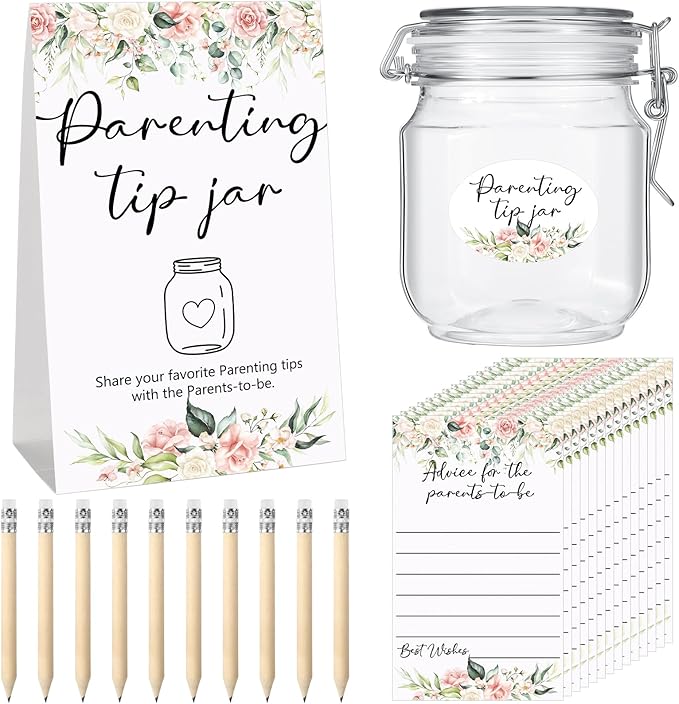 Roowest Baby Shower to Baby Advice Cards for New Parents to Be - Tip Jar Sign for New Parents 60 Parenting Advice Cards 10 HB Pencils 2 Cute Stickers 1 Pet Bottle for Guests Games(Flower)