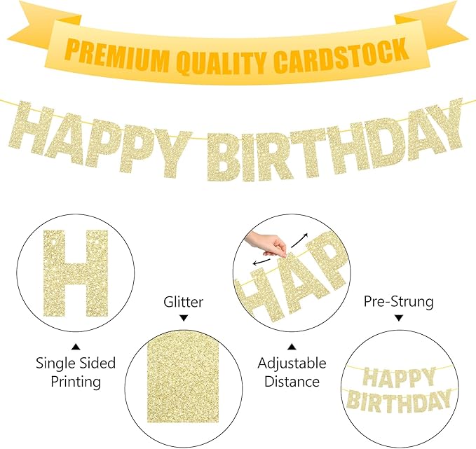 Pre-Strung Happy Birthday Banner Sign - NO DIY, Glitter - Gold Birthday Party Banner for Women Men Girls Boys