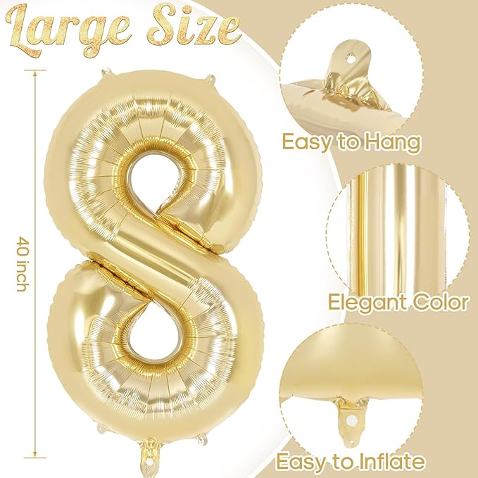 Light Gold Number 8 Balloon 40 Inch, Big Large Foil Helium White Gold Number Balloons, Giant Mylar Number 8 Balloons for 8 Year Old Birthday Party Decorations Supplies Anniversary