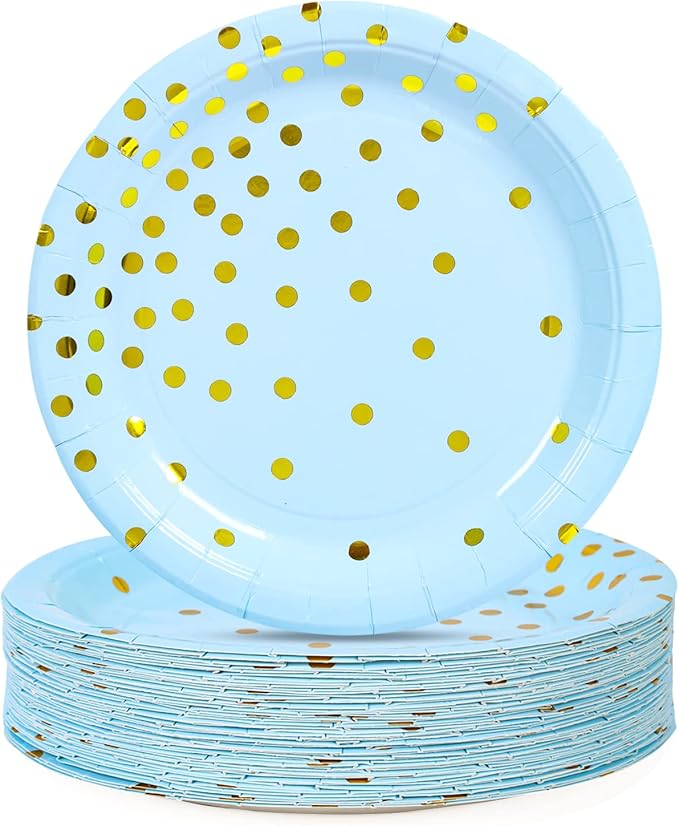 Blue and Gold Party Supplies, Blue Paper Dessert Plates (50-Count)