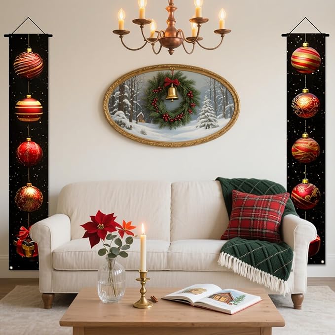 Nuxovilar Christmas Decorations Outdoor Yard Front Porch Sign Set, Black Background Christmas Ball Door Banners, Hanging Door Decor for Home Indoor Wall Yard