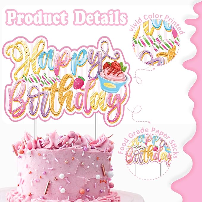 Sweets Birthday Party Decorations for Girls- Pastel Ice Cream Party Supplies, Donut Balloons Happy Birthday Banner Cupcake Topper Candy Theme Birthday for Baby Shower Wedding