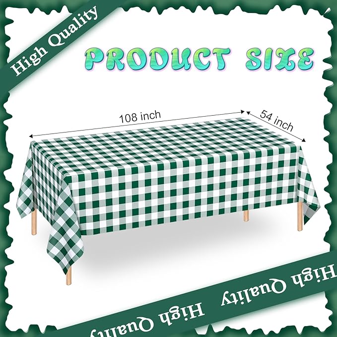 WNINK 3 Pack Green and White Checkered Rectangular Plastic Tablecloths, Green Gingham Waterproof Disposable Table Covers 54" x 108" for Birthday, Wedding, Outdoor Picnic Camping Parties