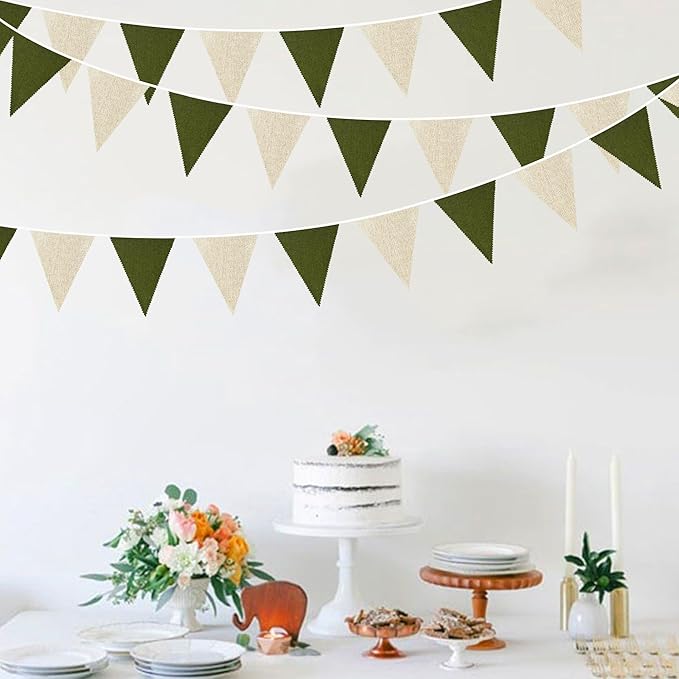 46Ft Olive Green Party Decorations Olive Green Beige Burlap Banner Triangle Pennant Flag Linen Garland Streamers for Rustic Jungle Birthday Wedding Golf Baby Shower Easter Party Decorations
