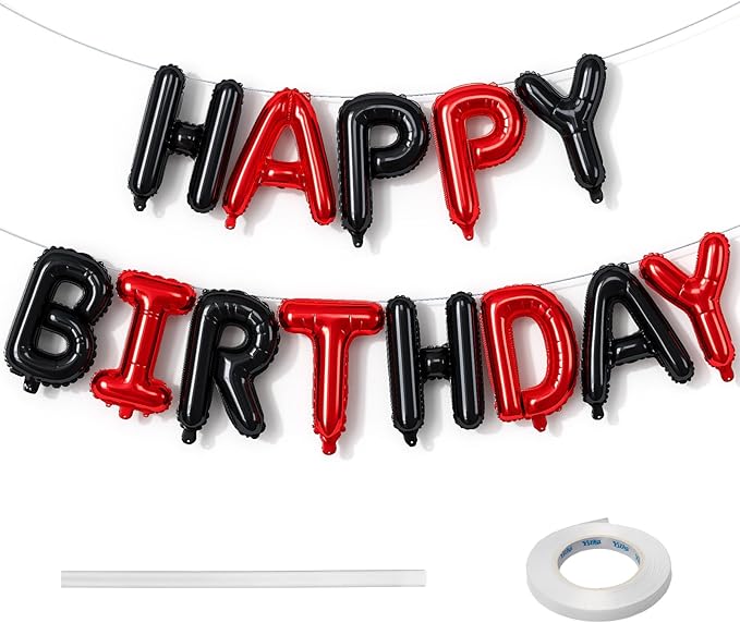 Happy Birthday Banner - 16 Inch Foil Red and Black Balloons, Self Inflating Letter Balloons for Boys Girls Party Decorations Supplies