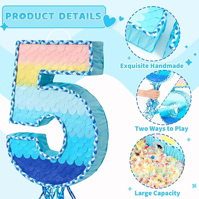 WERNNSAI Number 5 Piñata - Ombre Blue Pull String Piñata with Blindfold and Stick Birthday Party Game for Kids Boys Girls 5th Birthday Party Decorations （16.3" x 11.4" x 3")