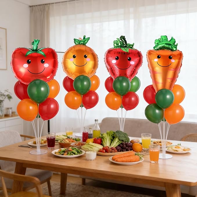 4 Sets Vegetable Fruit Party Balloons Stand Kit with Smiling Carrot Strawberry Foil Balloons Tables Centerpiece Smiling Orange Tomato Balloon for Vegetable Fruits Farmers Market Parties Decorations
