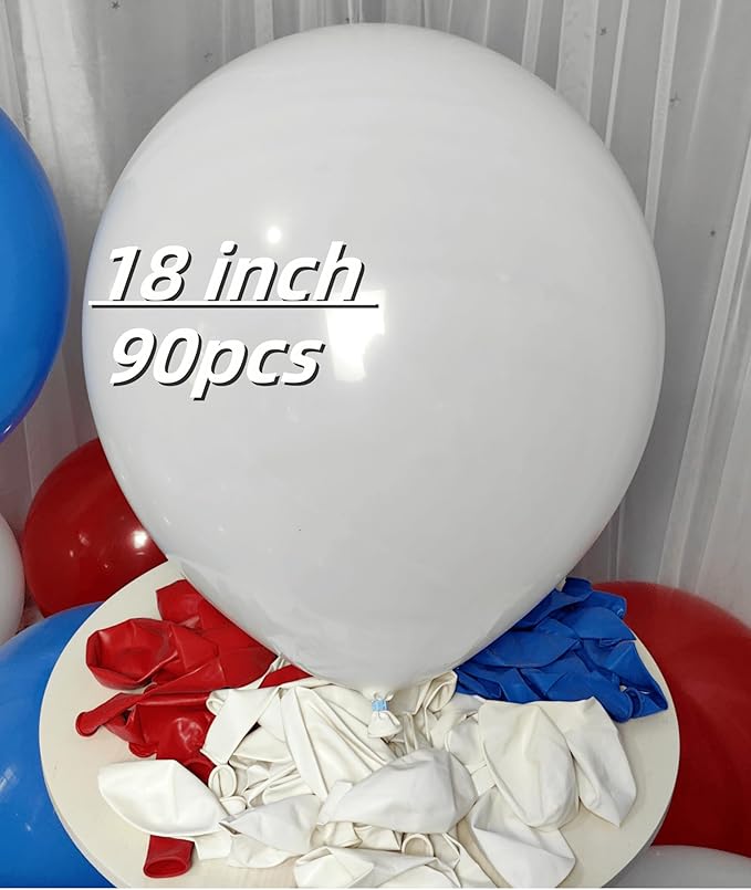 90 Pack Red White Blue Balloons 18 Inch Latex Party Balloon in Bulk for Patriotic Party Supplies, Memorial Day, 4th of July, Veterans Day, Wedding, Baby Shower