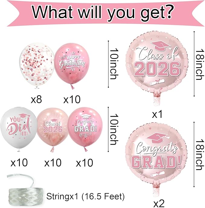 Pink and Rose Gold Graduation Balloons Graduation Decorations 2026, 51Pcs Grad Latex Balloons and Grad Foil Balloon with Confetti Ribbons Grad Party Decorations for College High School