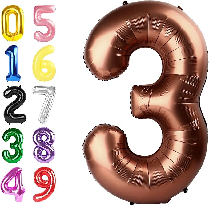 Coffee Brown Number Balloons, 40 Inch 3 Balloon for Birthday Party Decoration, Number 3 Ballon for 3, 13, 23, 30 Celebration, Boy and Girl Birthday, Wedding, Anniversary Decor