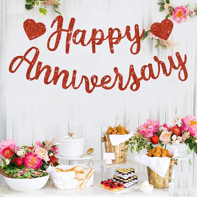 BEISHIDA Glitter Red Happy Anniversary Banner, Pre-Strung Happy Anniversary Banner,NO DIY - Happy Anniversary Garland, Happy Anniversary Sign for Anniversary Wedding Valentine's Day Party Decorations