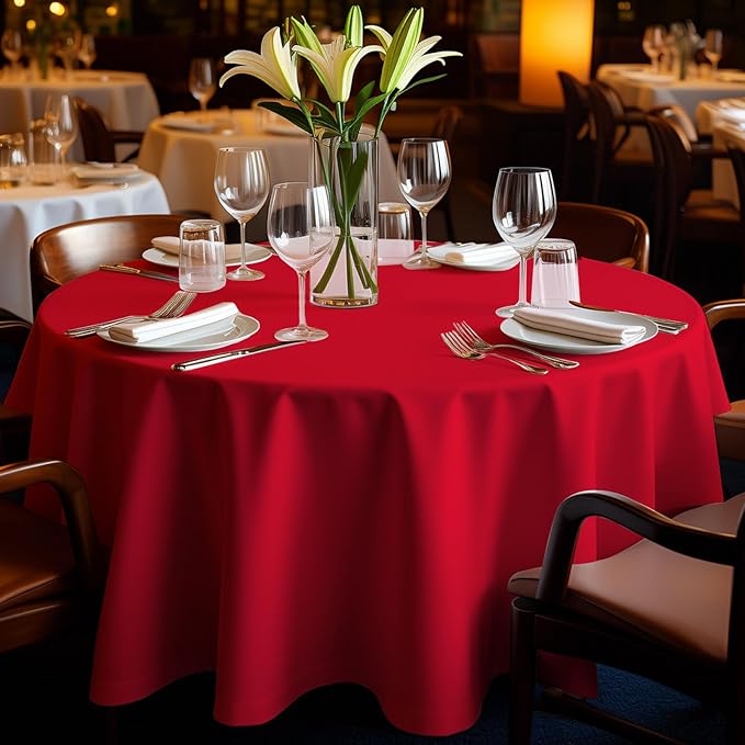 12 Pack Premium Red Plastic Table Cloth -96 Inch Round Tablecloth, Disposable Tablecloth Plastic Table Cover for Parties (12, Red, 96" Round)