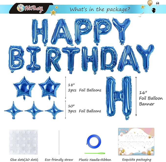 HiParty 23pcs Birthday Balloons Banner, 3D Blue Premium Mylar Foil Ecofriendly Letter Happy Birthday Banner with 5pcs Star Balloons Kits for Kids Boys Men Adults Birthday Party Decorations Supplies