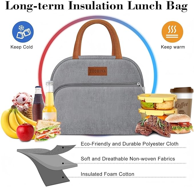 Coobiiya Lunch Bag Lunch Box for Women Men,Small Leak-proof Cute Lunch Tote Large Capacity Reusable Insulated Cooler Lunch Container for Work/Office/Picnic/Beach，Grey