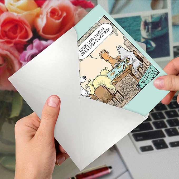 NobleWorks - 1 Humor Birthday Dog Card with Envelope - Funny Puppies Cartoons for Birthday Greetings, Celebration Notecard - Dogopoly C3986BDG