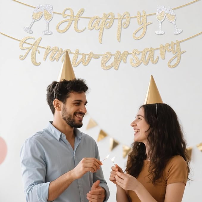 Happy Anniversary Banner, Pre-Strung Glitter Anniversary with Champagne Gold Wine Glass Design for Wedding Party & Celebration Decorations (Champagne Gold)