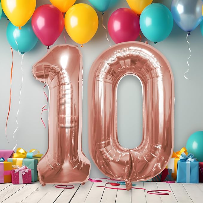 40 Inch Number Celebration and Decoration Balloon for Birthday Parties, Graduations, Anniversaries, Weddings, Photo Shoots, Special Events - Helium Foil Mylar (Rose Gold Number 10)