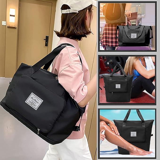 Large Capacity Folding Travel Bag, Lightweight Waterproof Luggage Bag, Expandable Travel Duffel Bag, Dry Wet Separated Gym Tote Bag, Weekender Overnight Bag for Women and Man (Black)